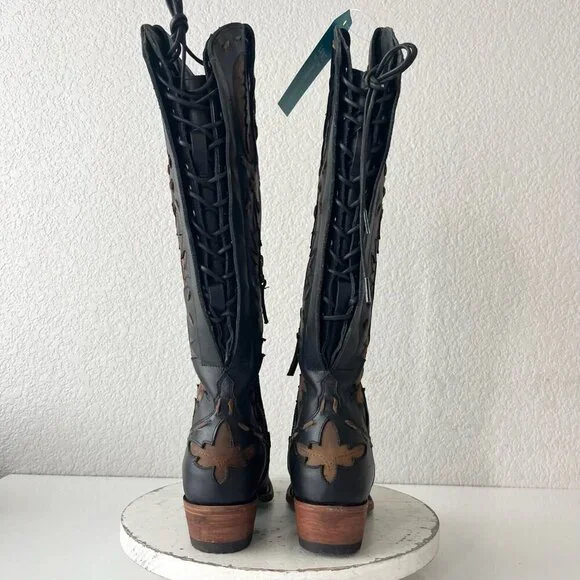 Lane Reverie Knee High Womens Cowboy Boots 6 Black Brown Western Cowgirl Lace Up - Picture 3 of 11